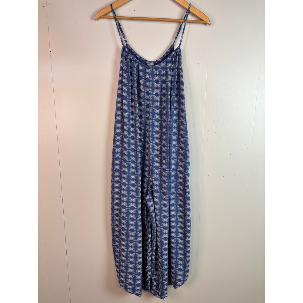 Aerie Jumpsuit XS Blue Butterfly Print Wide Leg Relaxed Spaghetti Strap Womens